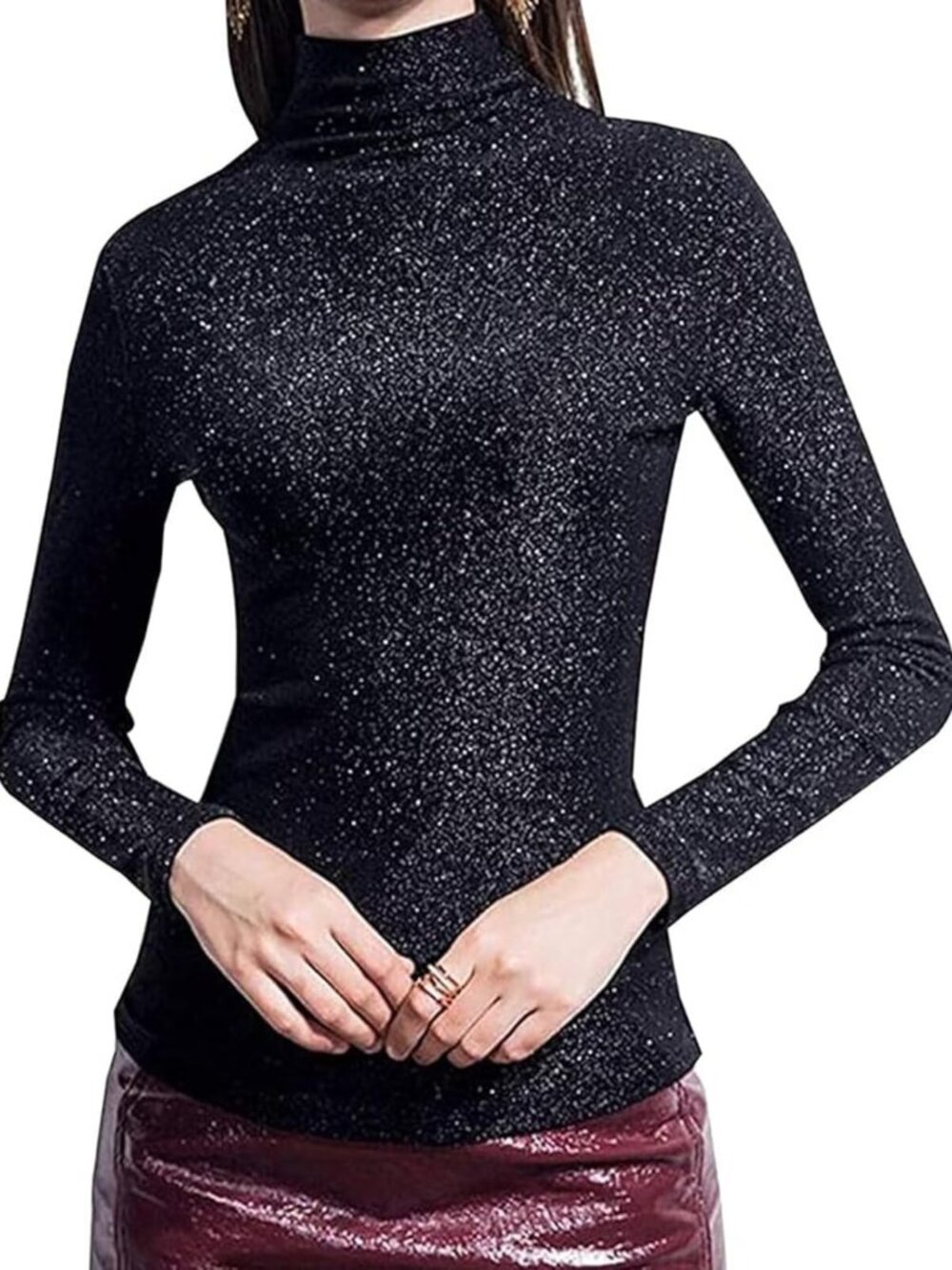 Slim Fit Long Sleeve Turtleneck Glitter Tee - Sparkly Blouse for Women